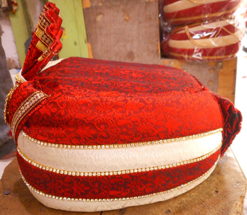 Red And Cream Color Pagdi With Stones
